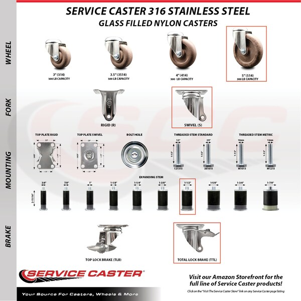 Service Caster 5 Inch 316SS High Temp Glass Filled Nylon 1-1/2 Inch Stem Caster Lock Brake SCC SCC-SS316TTLEX20S514-GFNSHT-112 - main